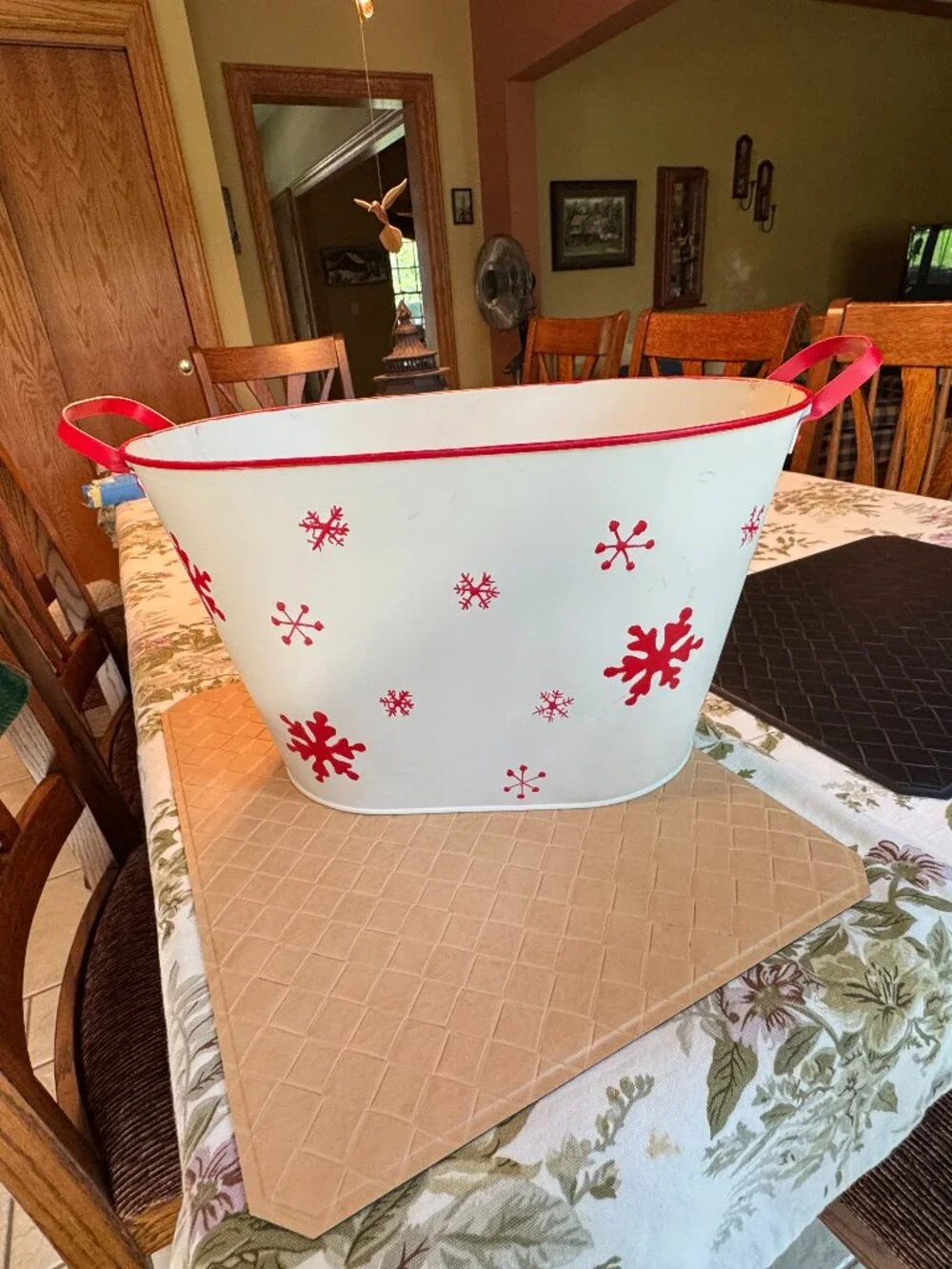 Metal Decorative Basket/Bucket White with Red Snowflakes & Handles 10 1/2